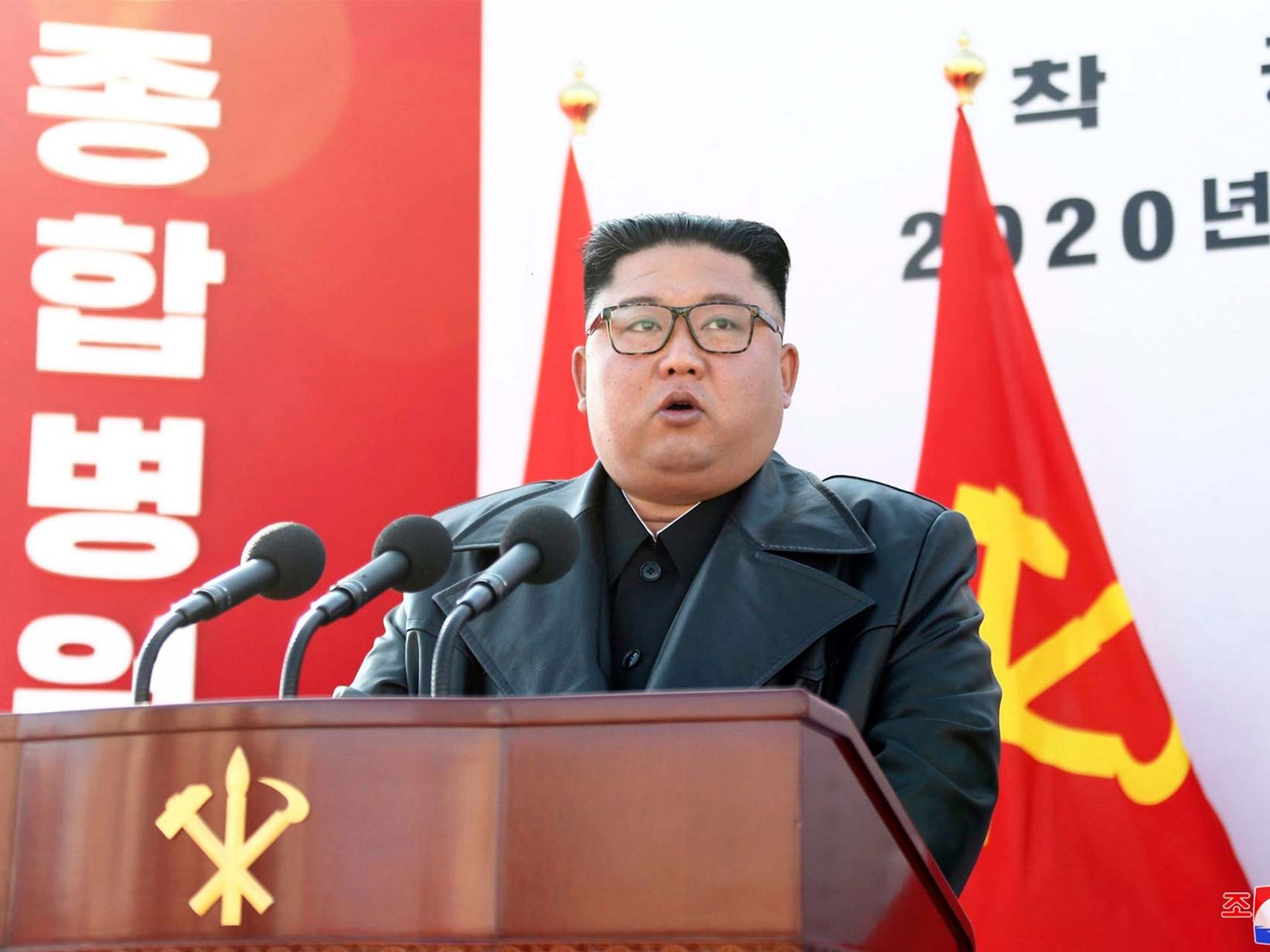 North Korean leader Kim Jong Un delivers a speech during the ground-breaking ceremony of a general hospital in Pyongyang