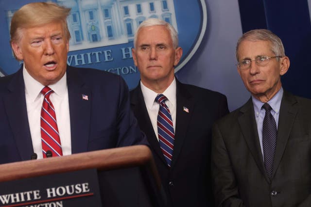 <p>Former President Donald Trump delivers a press briefing alongside White House Covid adviser Dr Anthony Fauci </p>