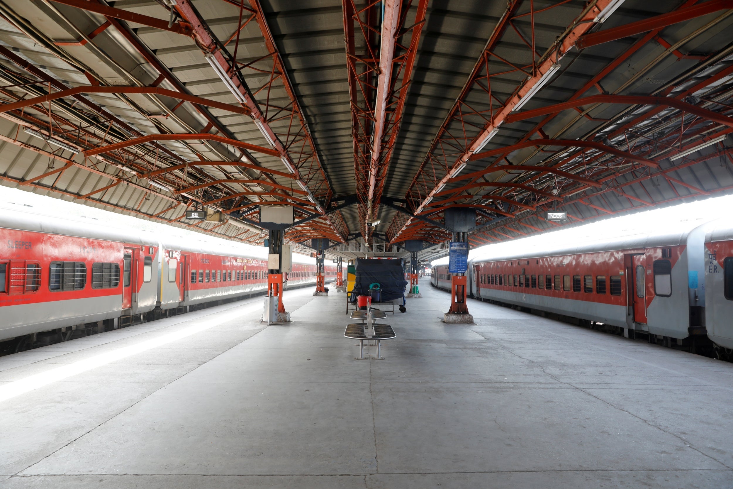 A view shows a deserted platform at a railway station during lockdown by the authorities in Delhi