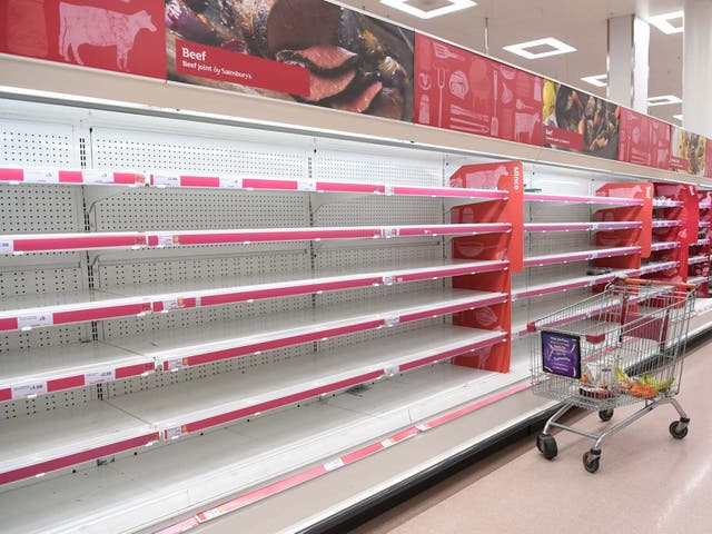 Empty shelves in a supermarket in London, Britain, 19 March 2020