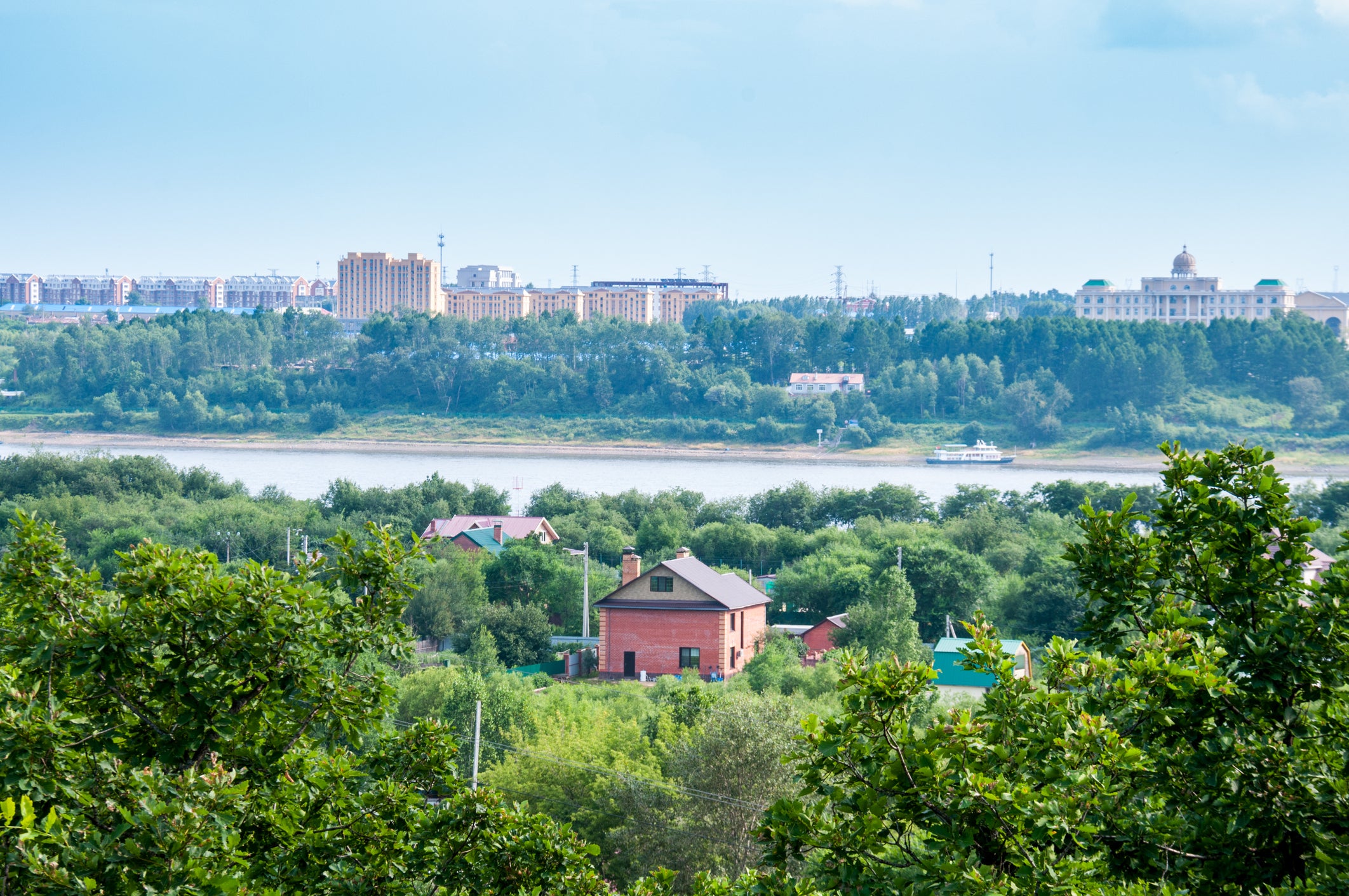 View of the Amur river in summer and the city of Heihe