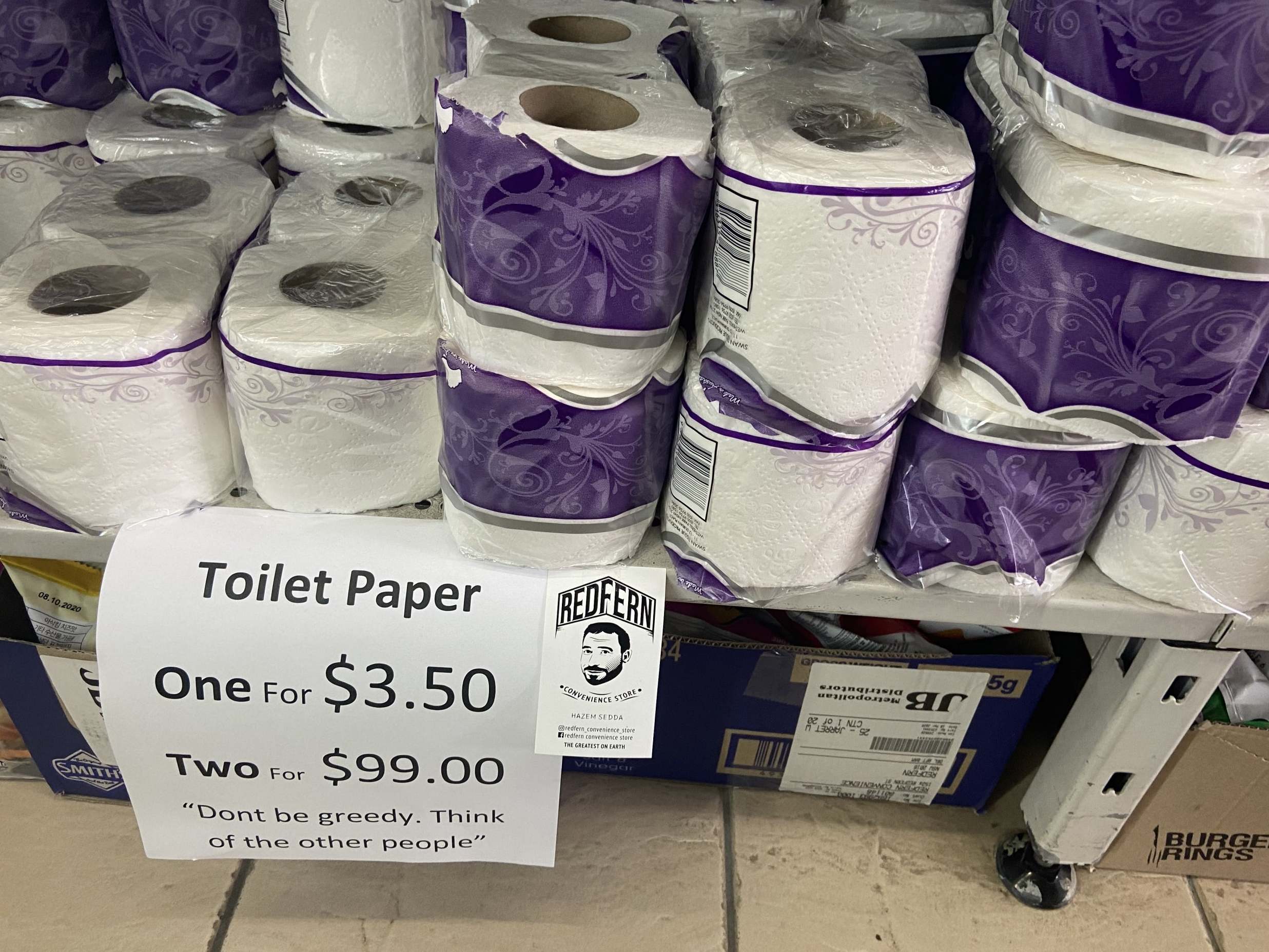 The Redfern Convenience Store in Sydney has ramped up the price for anyone looking to buy more than one pack of toilet rolls