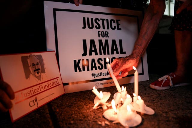 Committee to Protect Journalists and other press freedom activists hold a candlelight vigil in front of the Saudi Embassy to mark the anniversary of the killing of journalist Jamal Khashoggi