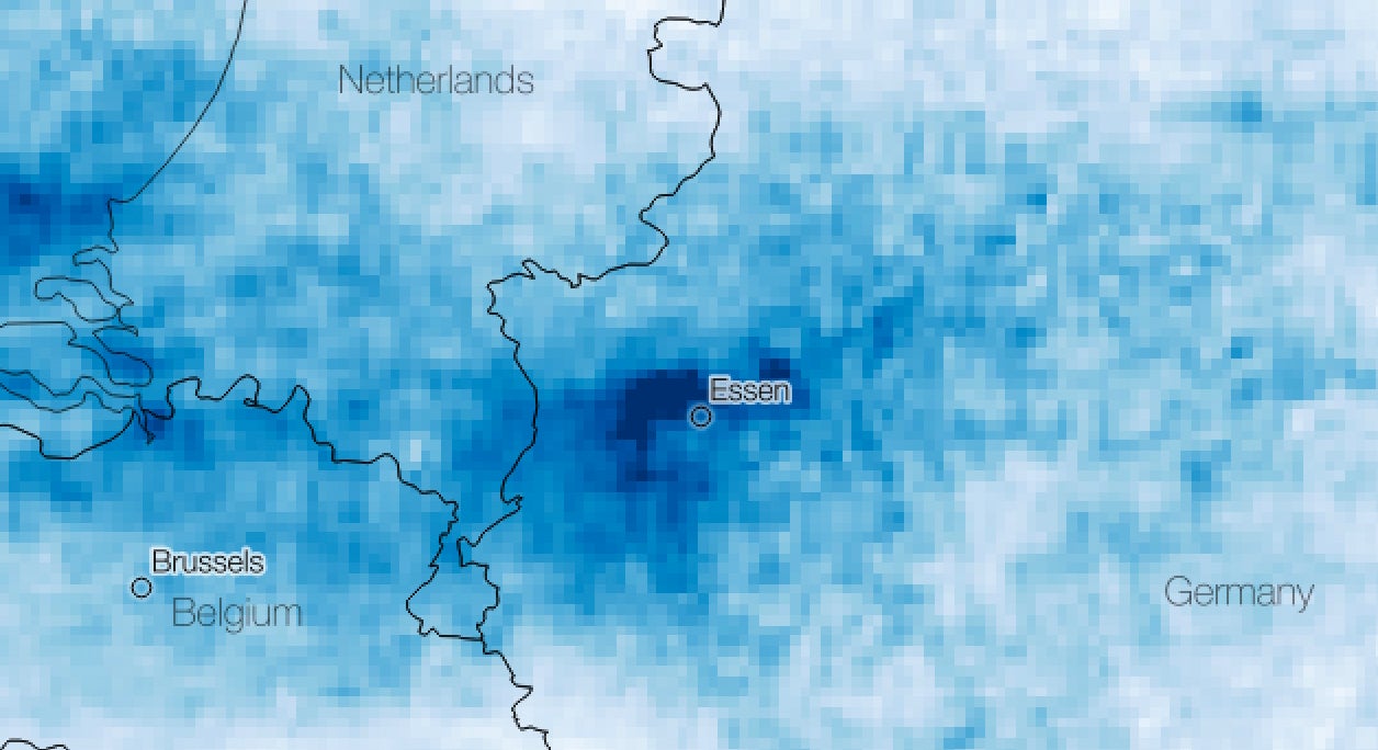 Satellite images show nitrogen dioxide (NO2) concentrations from 10 March to 22 March, 2020 in Essen