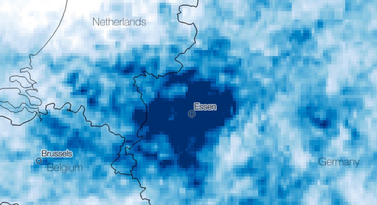 Satellite images show nitrogen dioxide (NO2) concentrations from 10 March to 22 March, 2019 in Essen