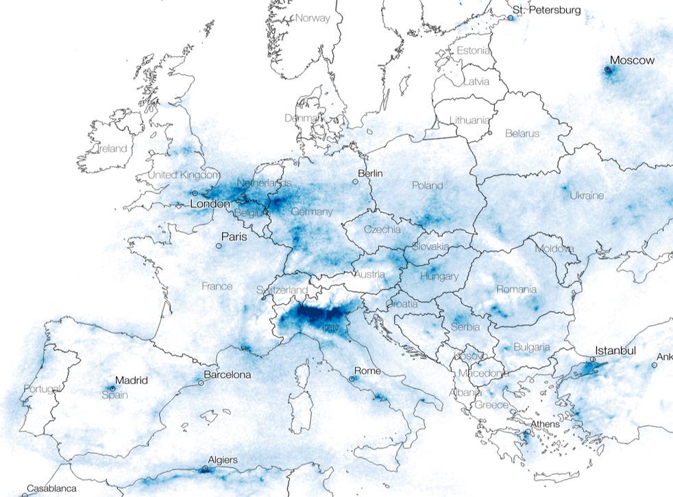 Satellite images show nitrogen dioxide (NO2) concentrations from 10 March to 22 March, 2020 across Europe