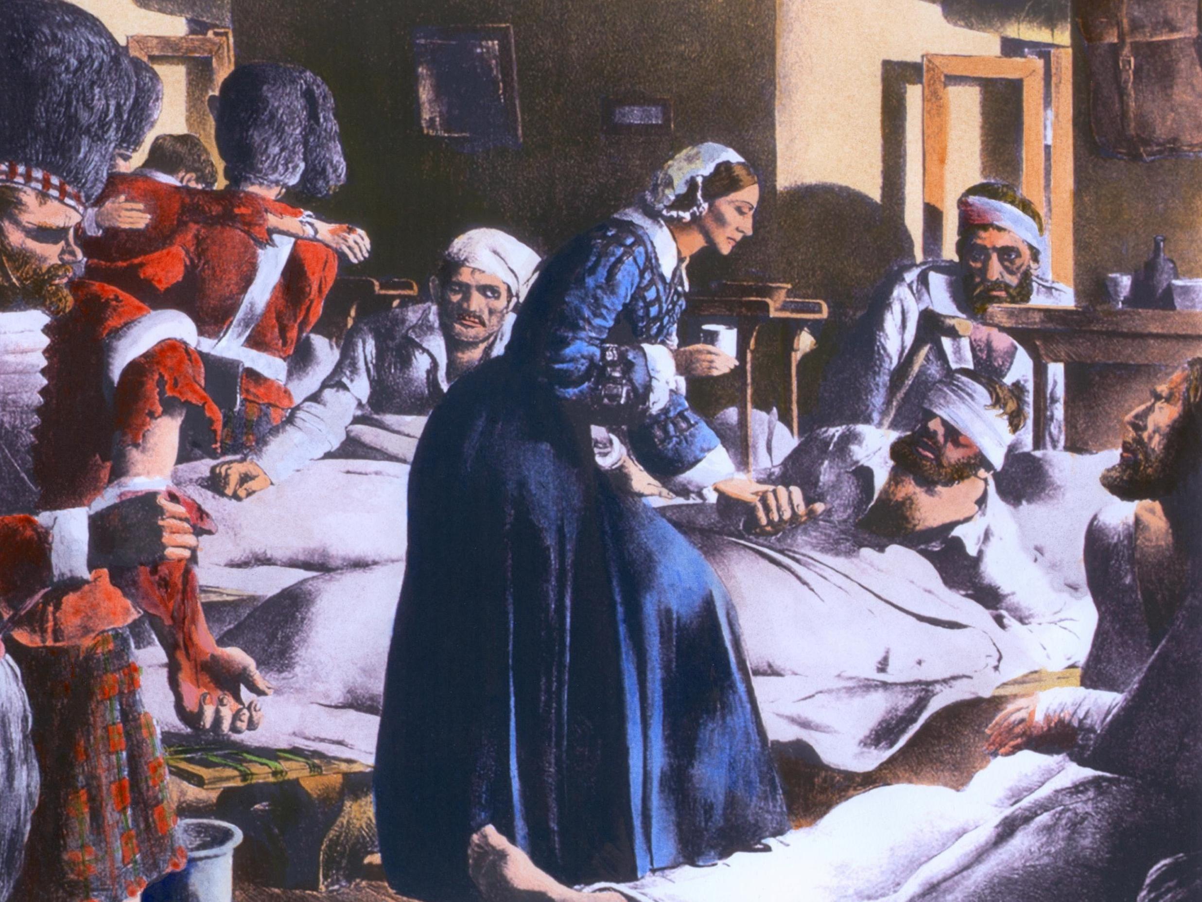 Florence Nightingale 1820-1910 ministering to soldiers at Scutari a suburb of Istanbul during the Crimean War, Lithograph by Robert Riggs ca. 1930 with modern watercolor.