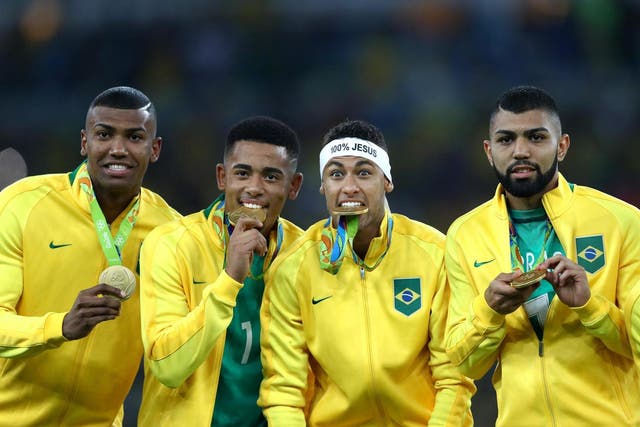 Brazil celebrate winning gold at the Rio Olympics