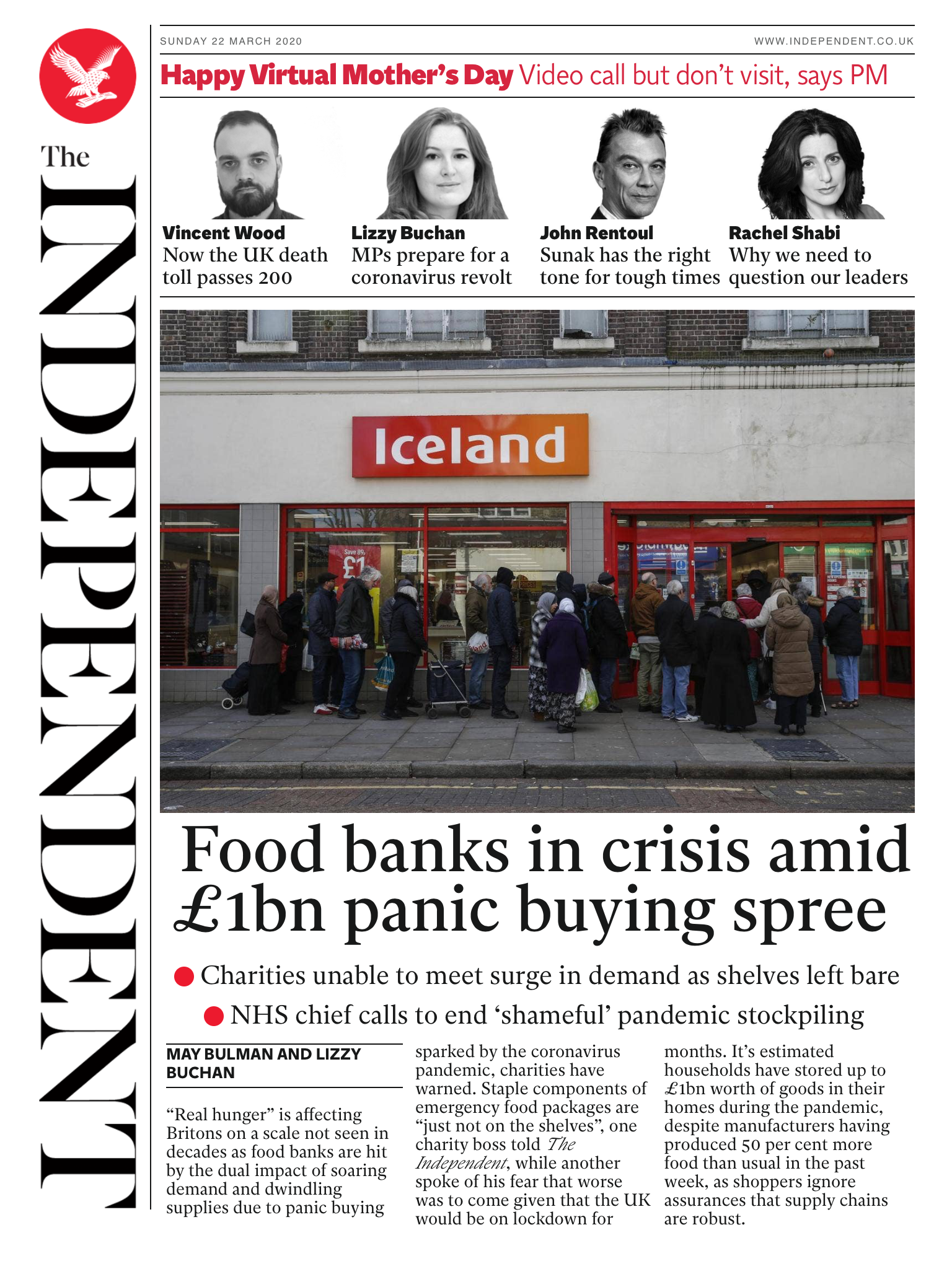 The Independent Daily Edition front page, 22 March 2020