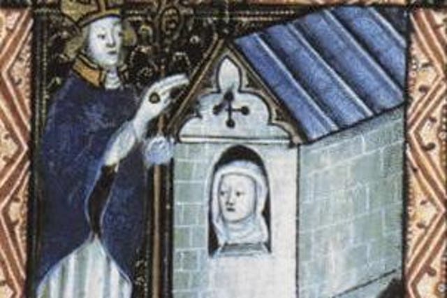 Depiction of a bishop blessing an anchoress found in a manuscript from circa 1400