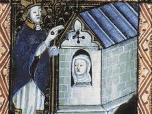 Depiction of a bishop blessing an anchoress found in a manuscript from circa 1400