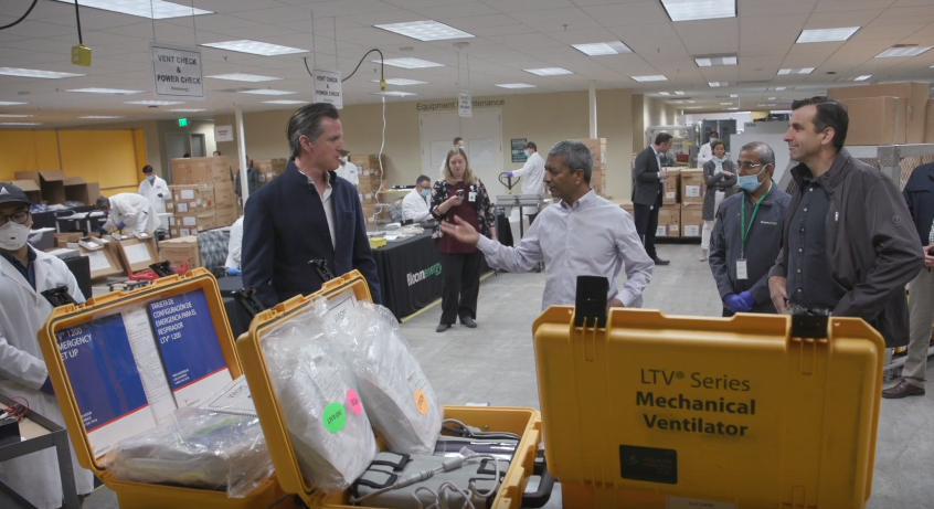 Governor Gavin Newsom, Sunnyvale Mayor Sam Liccardo, and Bloom Energy CEO KR Sridhar visit the ventilator refurbishing site in Sunnyvale on Saturday