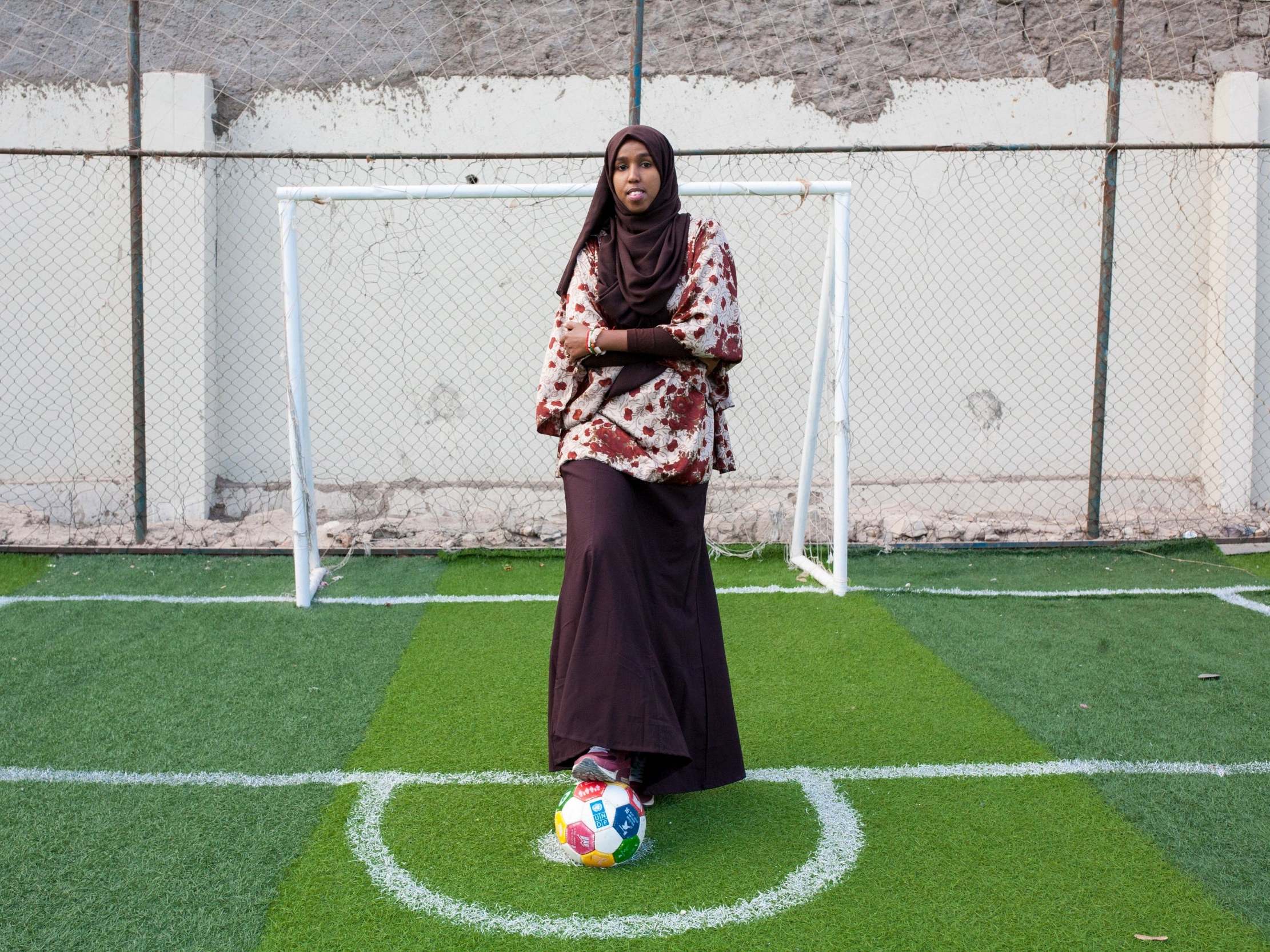 Marwa Mawliid poses at the first football field in Hargeisa exclusively opened for women