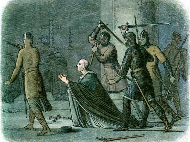 Vintage colour engraving from 1864 showing the murder of Thomas Becket in Canterbury Cathedral