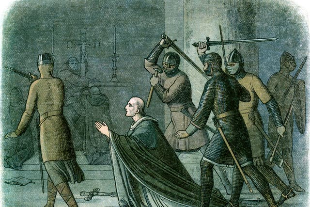 Vintage colour engraving from 1864 showing the murder of Thomas Becket in Canterbury Cathedral