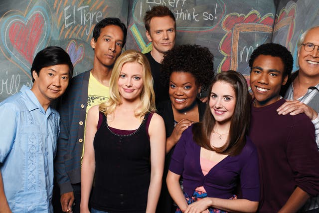 The cast from left to right: Ken Jeong, Danny Pudi, Gillian Jacobs, Joe McHale, Yvette Nicole Brown, Alison Brie, Donald Glover, Chevy Chase