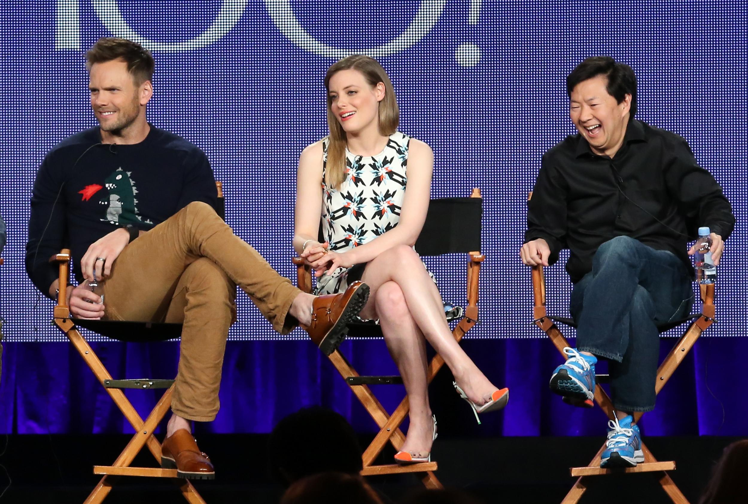 Joel McHale, Gillian Jacobs and Ken Jeong speak during the ‘Community’ panel as part of the 2015 Winter Television Critics Association Press Tour