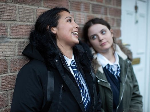 Popular girl Poppy (Zadeiah Campbell-Davies) takes a liking to social outcast Bethan (Gabrielle Creevy) in the BBC drama In My Skin