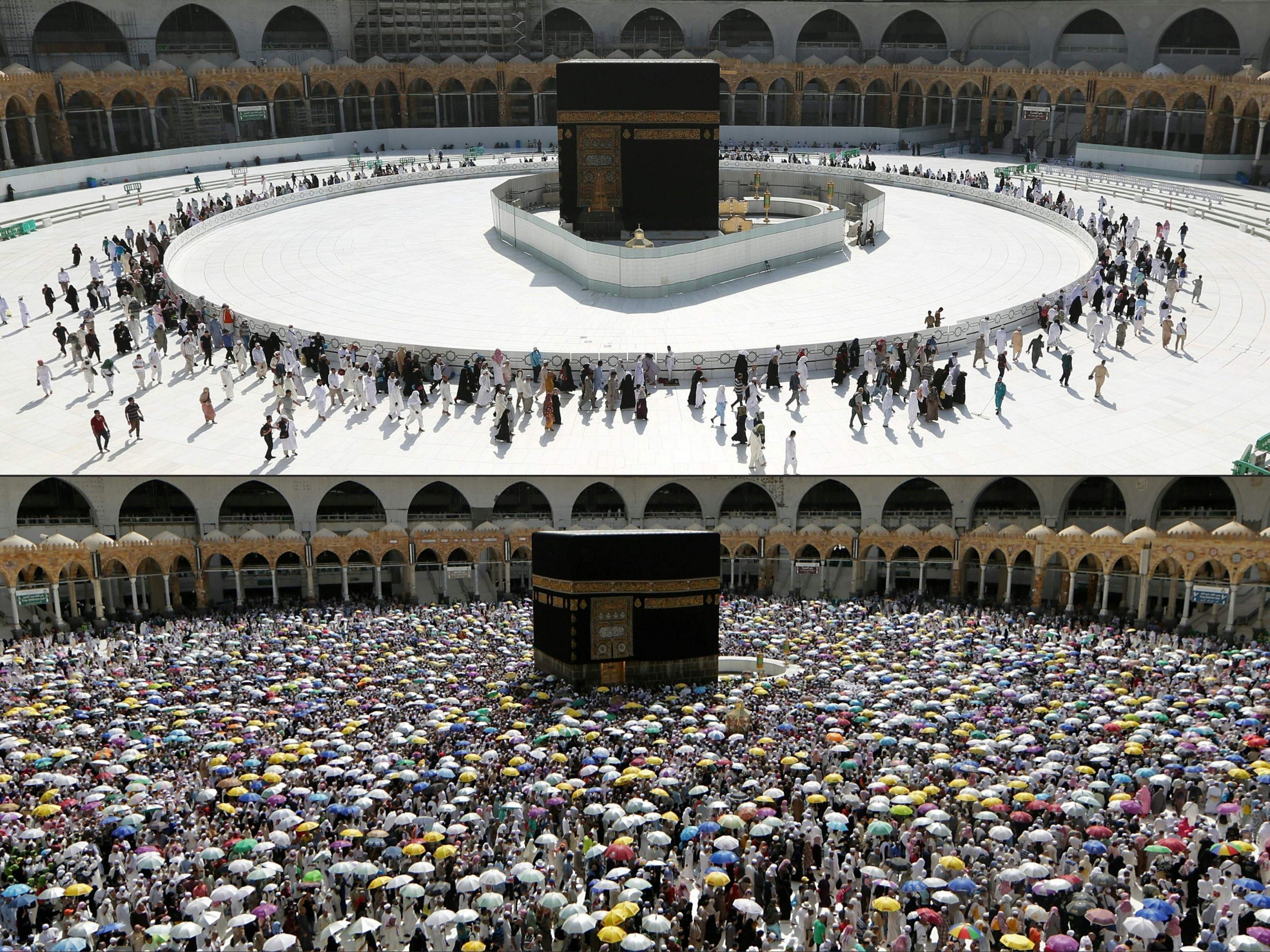 Worshippers circle the the sacred Kaaba in Mecca's Grand Mosque on 7 March this year (above) and 13 August last year (below)