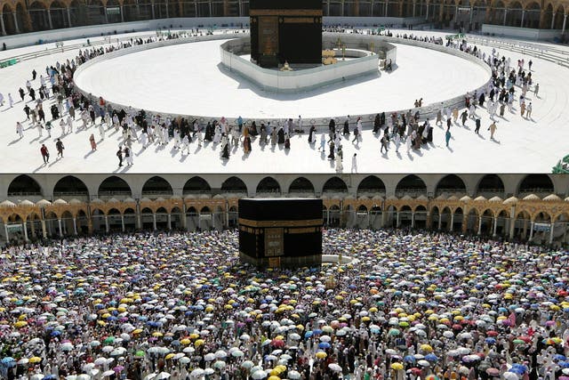 Worshippers circle the the sacred Kaaba in Mecca's Grand Mosque on 7 March this year (above) and 13 August last year (below)