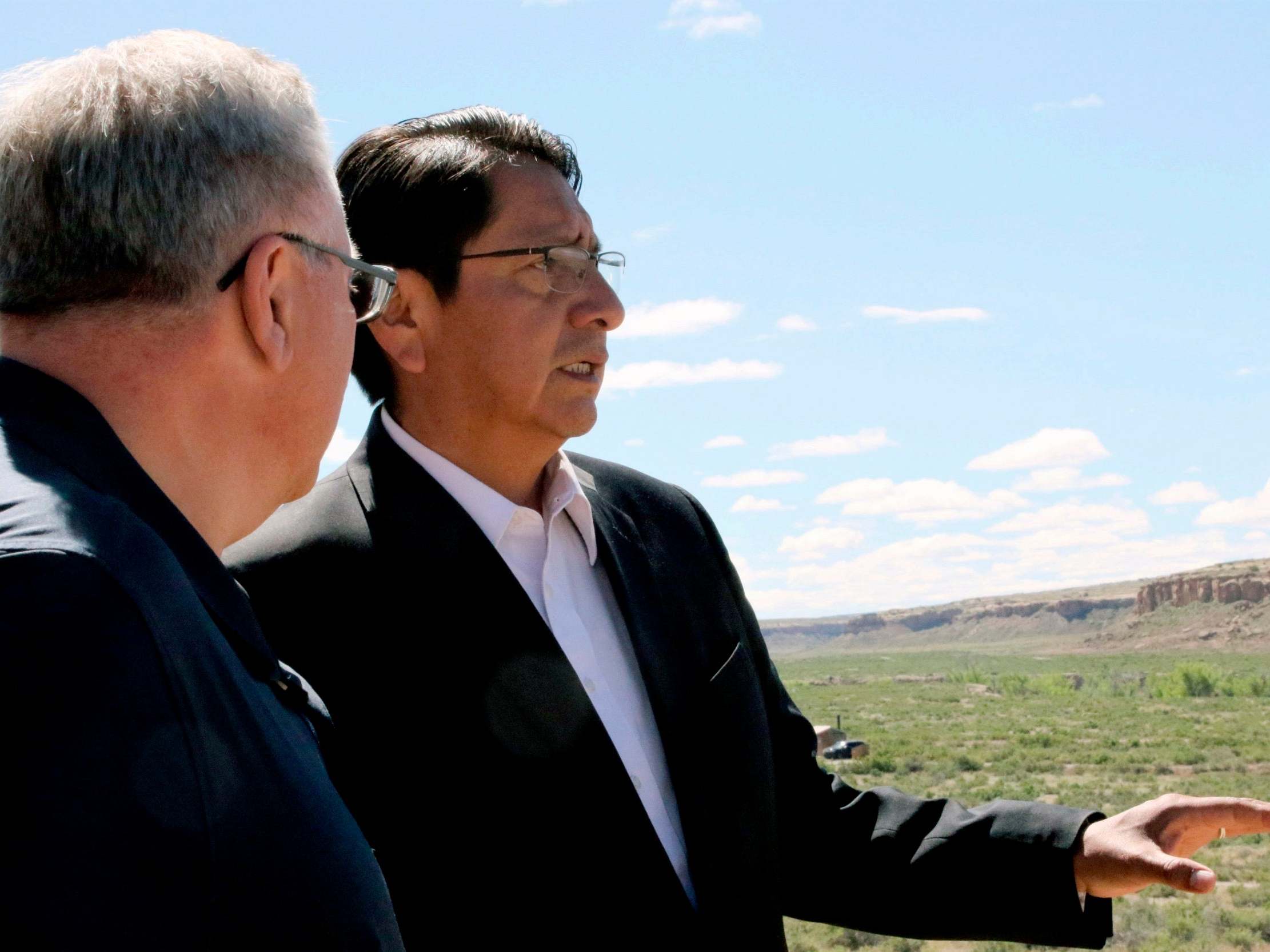 Navajo Nation President Jonathan Nez, right, had called on U.S. Interior Secretary David Bernhardt, left, to close the Grand Canyon park