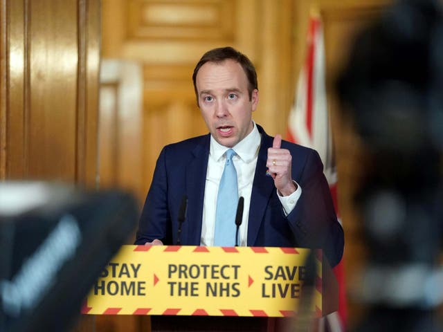 Health Secretary Matt Hancock speaks at a digital COVID-19 news conference at 10 Downing Street in London