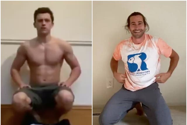 Spider-Man co-stars Tom Holland and Jake Gyllenhaal take part in the shirtless handstand challenge