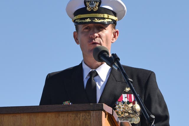 Captain Brett Crozier addresses the crew for the first time as commanding officer in 2019