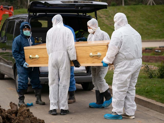 <p>Undertakers wearing personal protective equipment carry the coffin during the funeral in the Eternal Gardens Muslim Burial Ground, Chislehurst of Ismail Mohamed Abdulwahab, 13, from Brixton, south London</p>