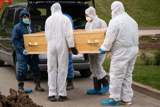 <p>Undertakers wearing personal protective equipment carry the coffin during the funeral in the Eternal Gardens Muslim Burial Ground, Chislehurst of Ismail Mohamed Abdulwahab, 13, from Brixton, south London</p>