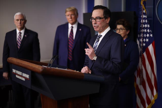 Treasury Secretary Steven Mnuchin speaks in the press briefing room with President Donald Trump, Vice President Mike Pence and Small Business Administrator Jovita Carranza on 2 April, 2020.