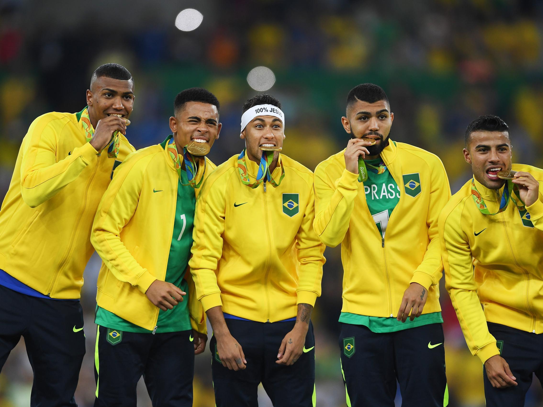 Brazil celebrate winning gold at the 2016 Olympics