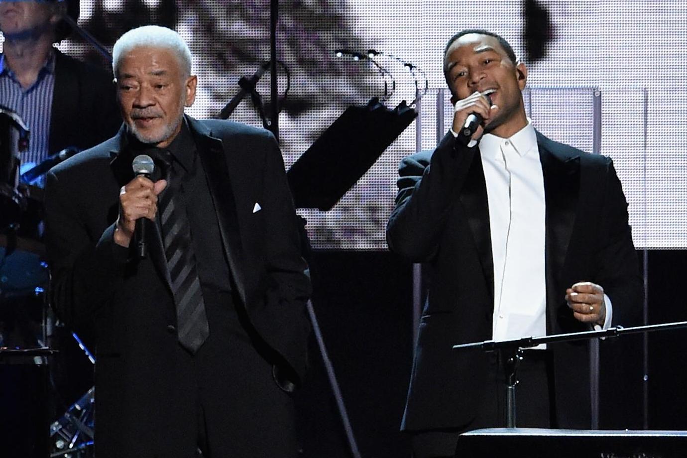 Bill Withers and John Legend perform during the 30th Annual Rock And Roll Hall Of Fame Induction Ceremony on 18 April 2015 in Cleveland, Ohio.