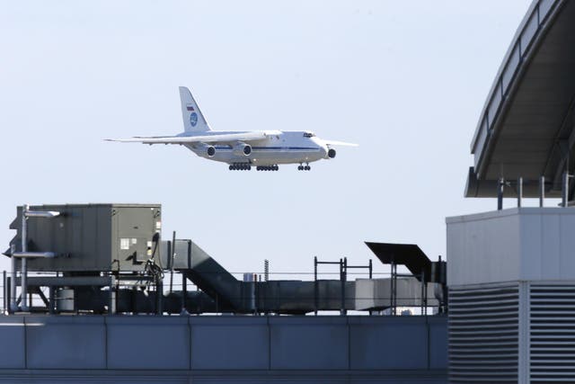 A Russian military transport plane carrying medical equipment, masks and supplies lands at JFK International Airport on 1 April, 2020, during the outbreak of the coronavirus disease (Covid-19) in New York City.