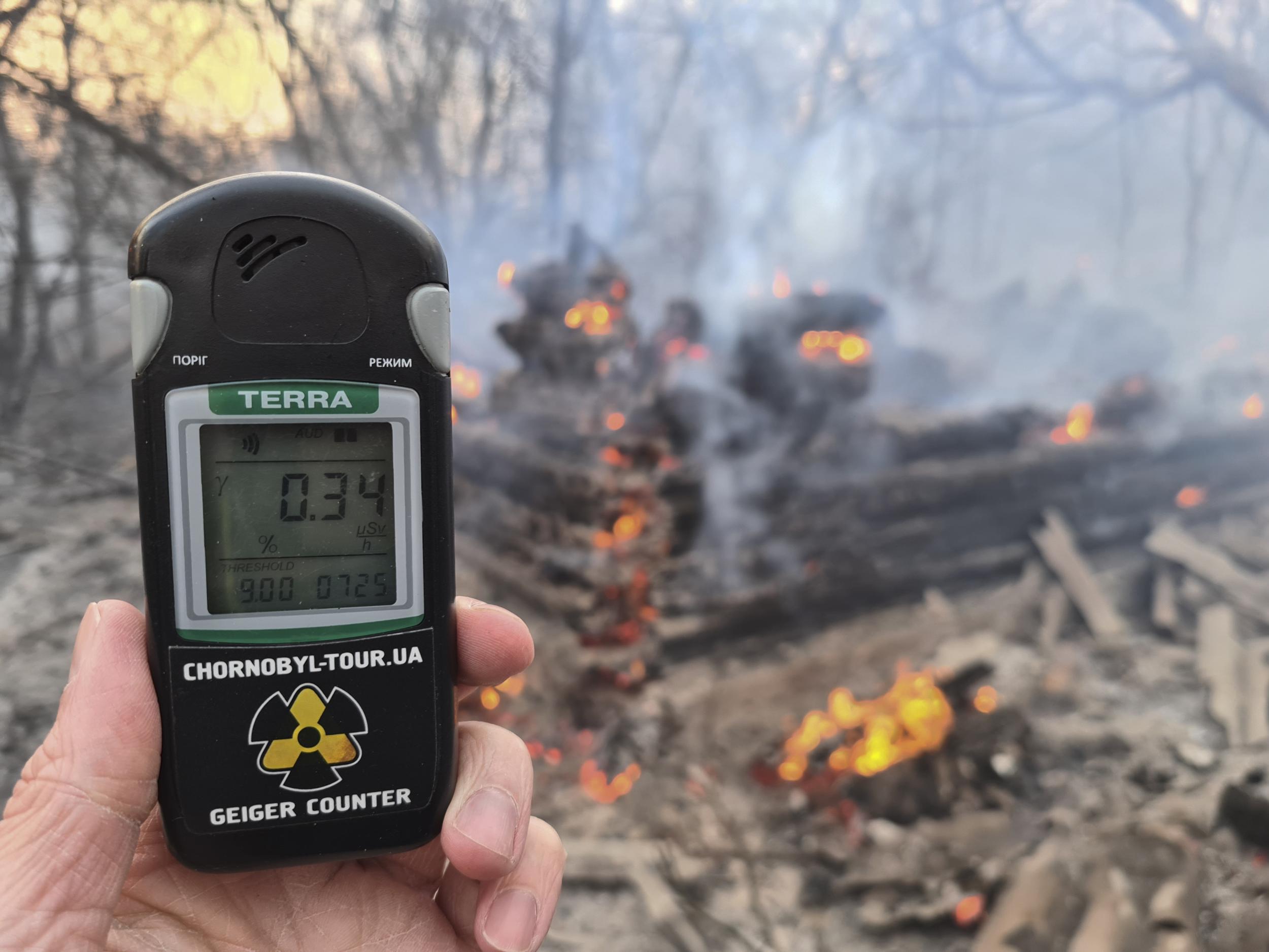 Geiger counter shows increased radiation level in exclusion zone around Chernobyl