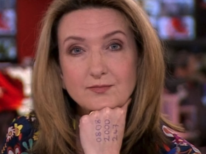 In 2020, Derbyshire made headlines when she hosted the BBC news with a domestic abuse helpline number written on her hand