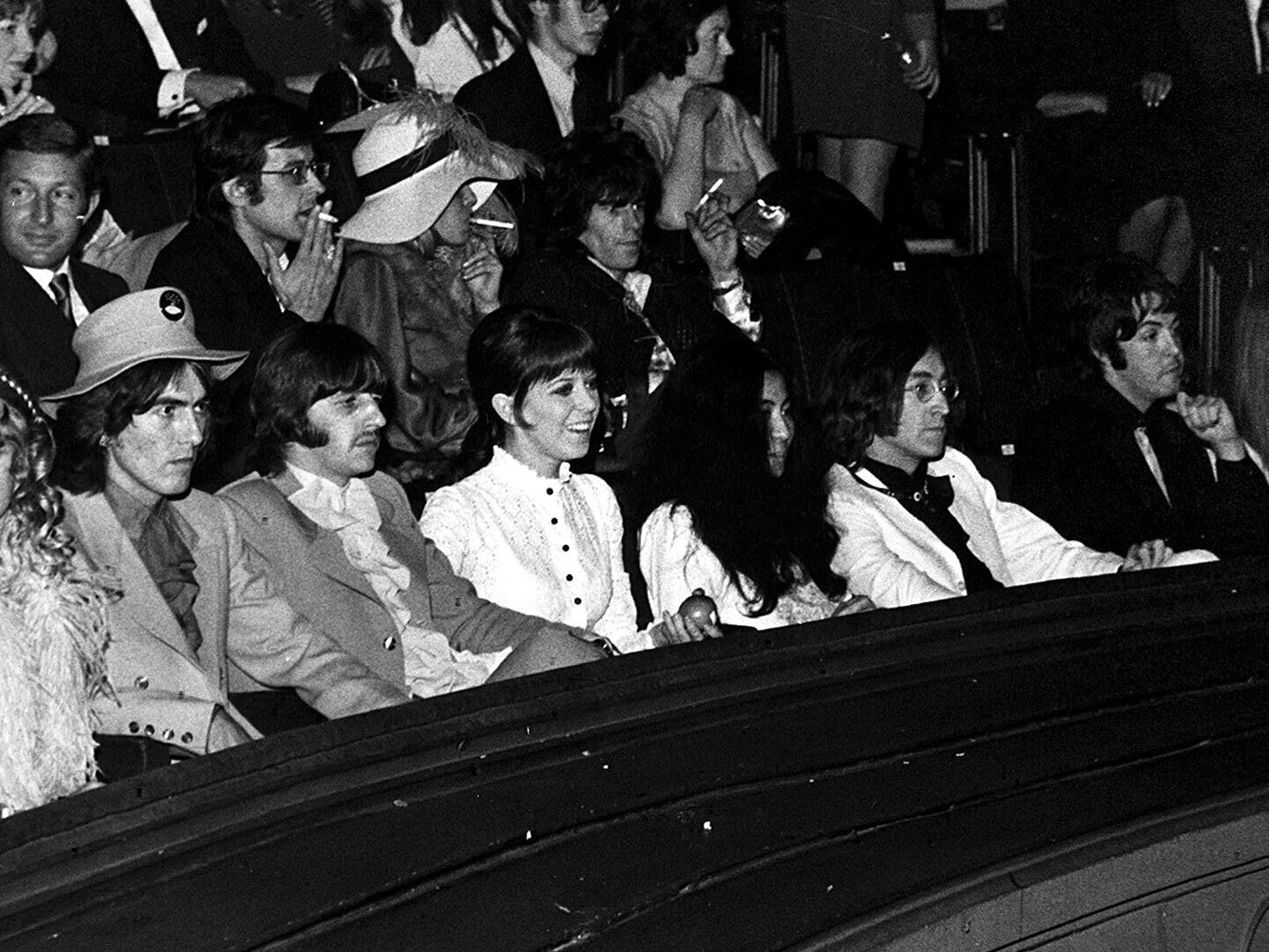 The writing on the wall: George Harrison, Ringo Starr and wife Maureen, Yoko Ono, John Lennon and Paul McCartney at the 1968 premiere of 'Yellow Submarine'