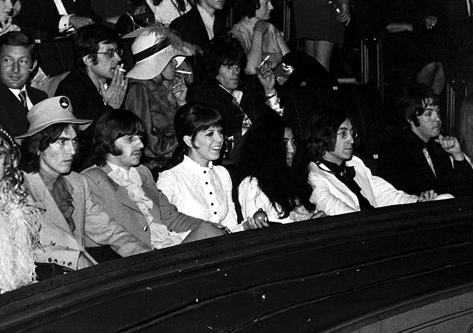 The writing on the wall: George Harrison, Ringo Starr and wife Maureen, Yoko Ono, John Lennon and Paul McCartney at the 1968 premiere of 'Yellow Submarine'