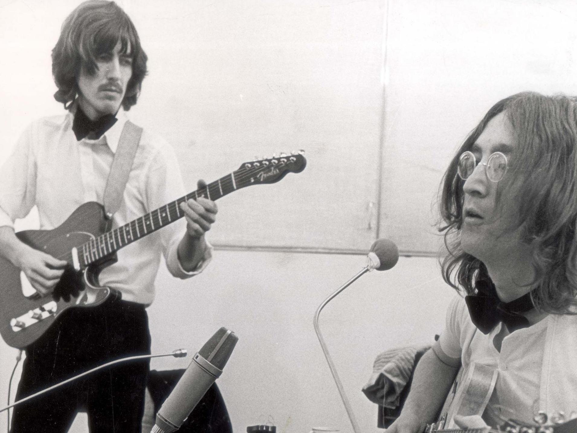 George Harrison and John Lennon in a London studio recording ‘Let It Be’