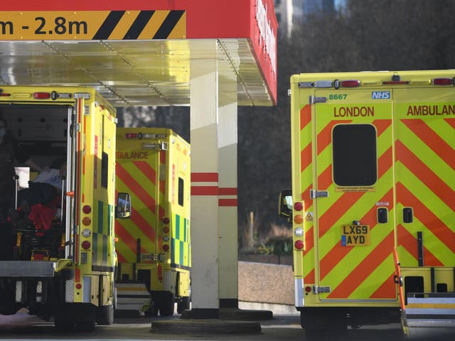 Ambulances park outside the entrance to the emergency department at St Thomas' hospital in central London where Britain's Prime Minister Boris Johnson is in intensive care
