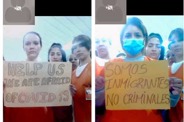 Migrants detained in an ICE detention facility in Basile, rural Louisiana, U.S., display signs related to coronavirus disease (COVID-19) in this combination of screenshots taken during a video conferencing call.