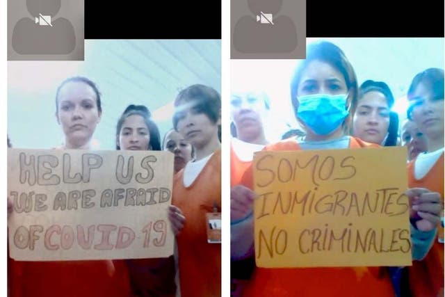 Migrants detained in an ICE detention facility in Basile, rural Louisiana, U.S., display signs related to coronavirus disease (COVID-19) in this combination of screenshots taken during a video conferencing call.
