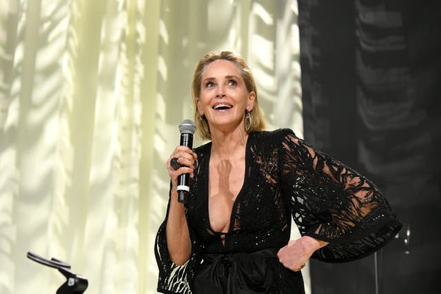 Sharon Stone speaks at the 28th Elton John Aids Foundation party in February 2020