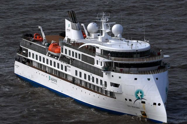 Aerial view of Australian cruise ship Greg Mortimer off the port of Montevideo, Uruguay, on 7 April 2020.