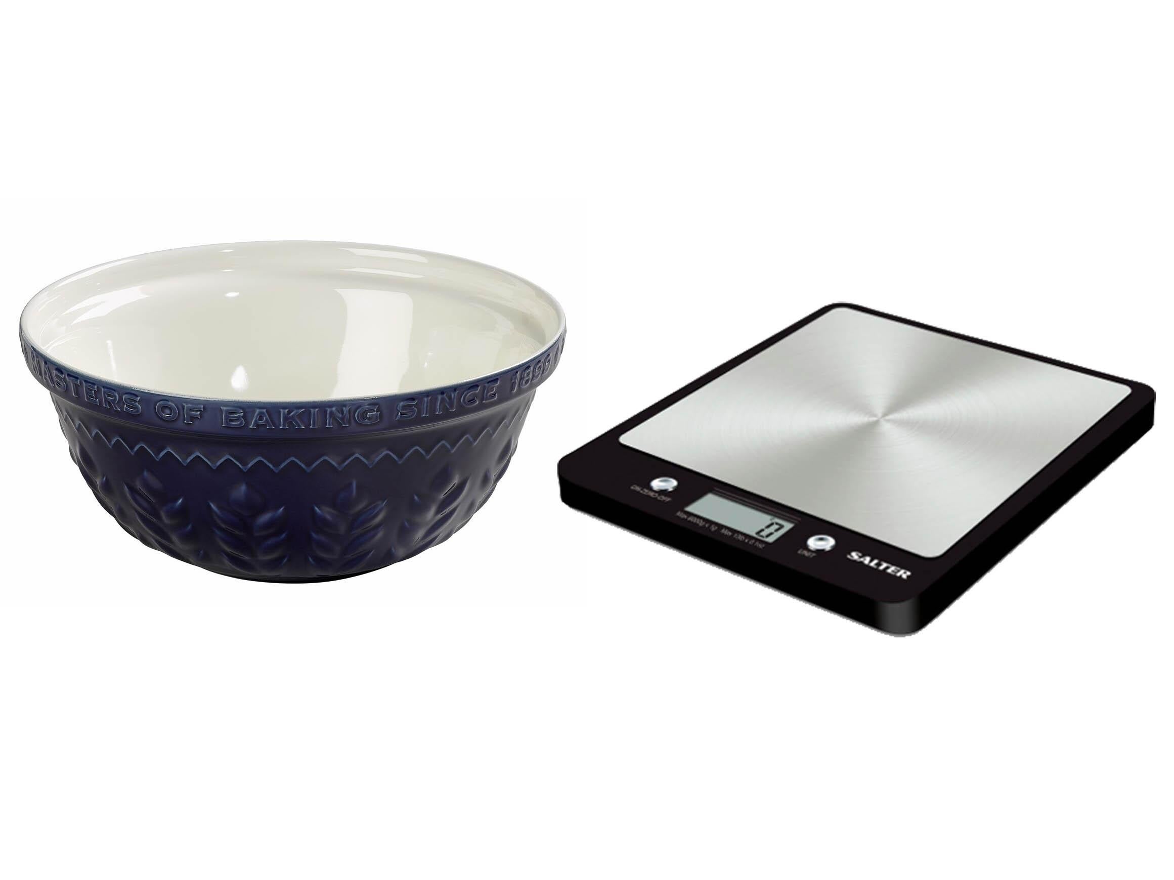 A large stoneware mixing bowl, like this one from Tala £30.99, and Salt evo digital scales, £20, are two baking essentials