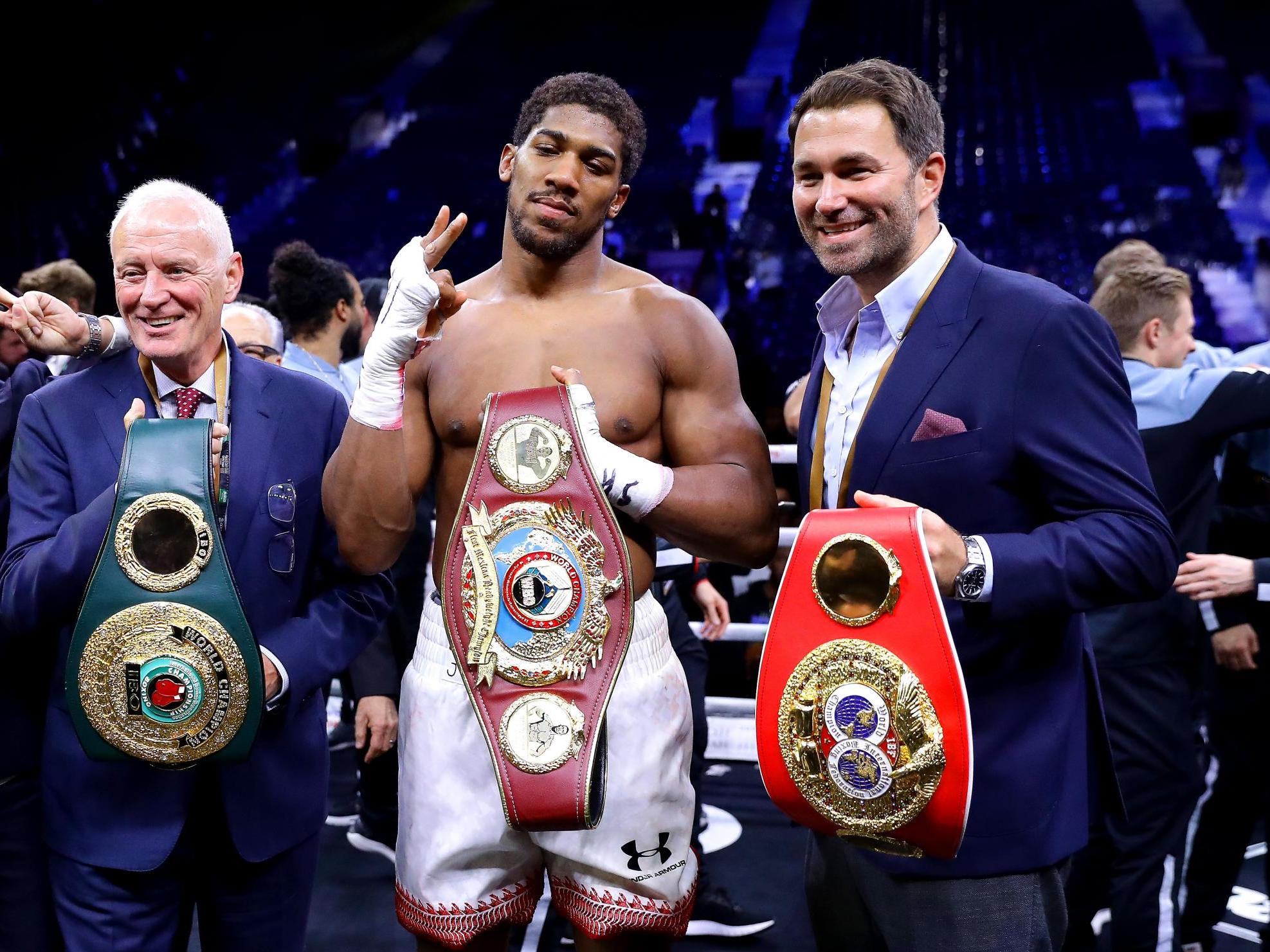 Barry Hearn celebrates with Anthony Joshua after victory over Andy Ruiz