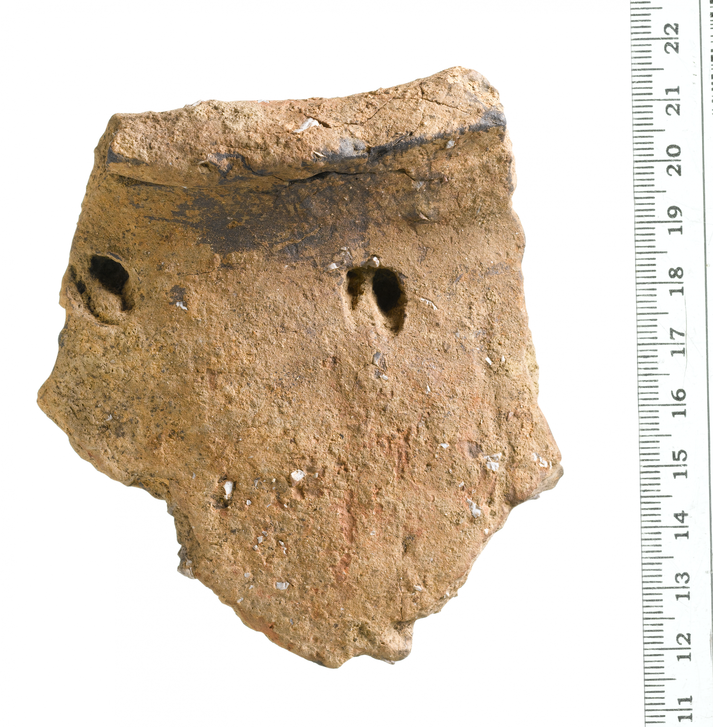 Fragment of a large round-shouldered, round-bottomed vessel with deep impressions widely spaced below the rim - the latter possibly created using the hoof of a dead roe deer faun. Residues found within suggest it was used to process meat stew