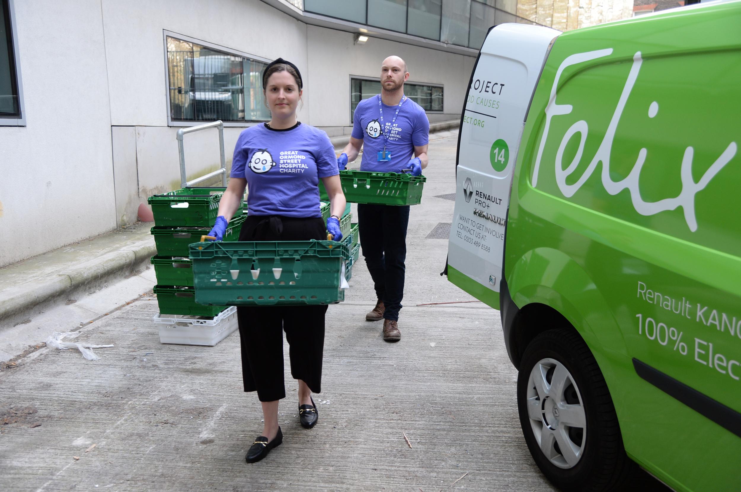 Special delivery: Grace Waters and Will McCready with food from The Felix Project at Great Ormond Street Hospital