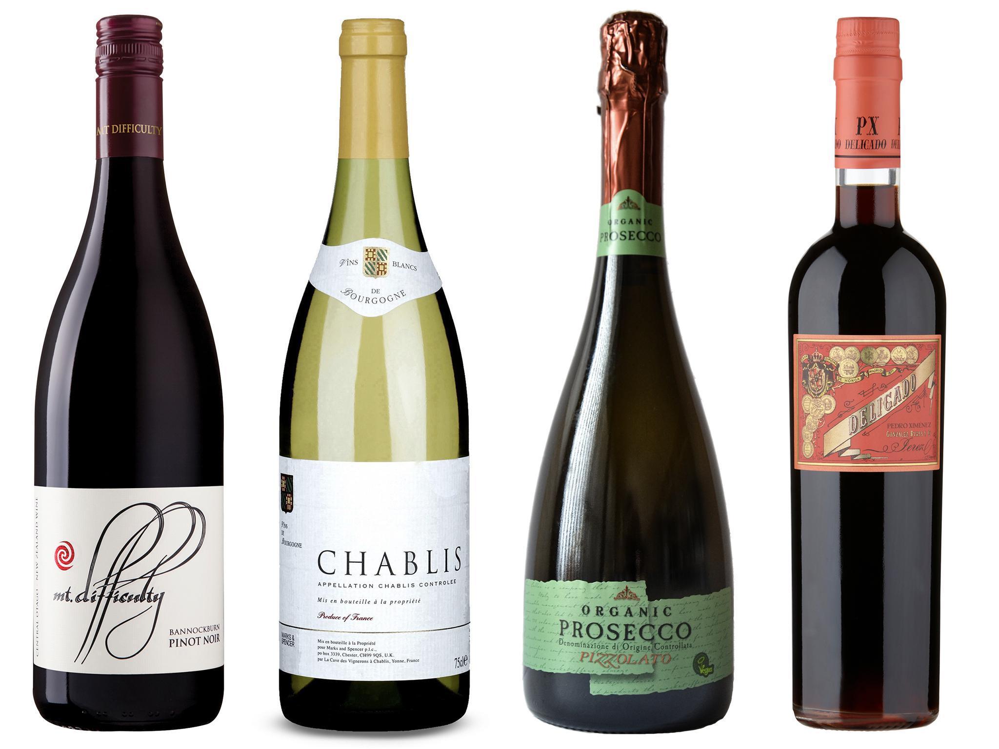 Pair this chablis (second left) with white fish or roast pork with apple sauce, while the New Zealand pinot noir (left) is perfect with roast lamb