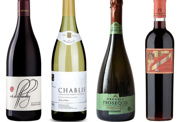 Pair this chablis (second left) with white fish or roast pork with apple sauce, while the New Zealand pinot noir (left) is perfect with roast lamb